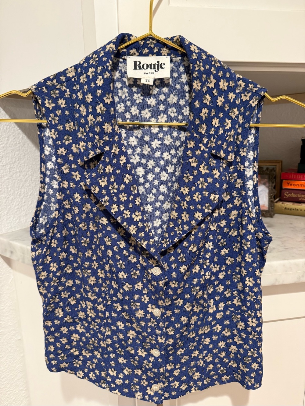 Rouje Navy Blue Floral Button-Down Sleeveless Shirt